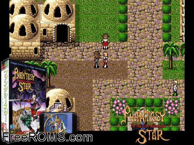 Phantasy Star - The End of the Millenium (Japan) [T+Chi1.1] Genesis game showing 3D box cover and gameplay screenshot